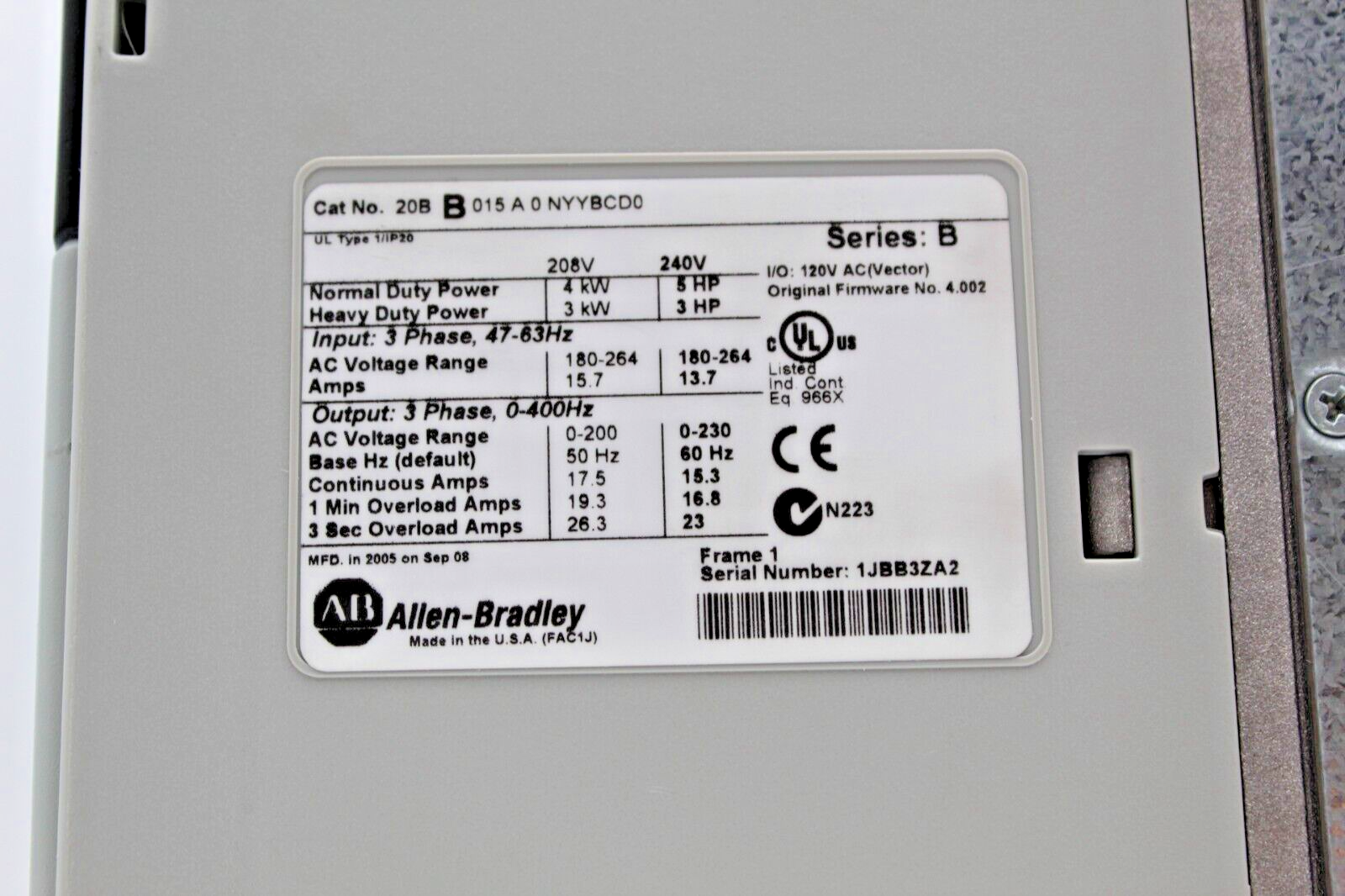 Allen-Bradley 20BB015A0NYYBCD0 PowerFlex 700 AC Drive