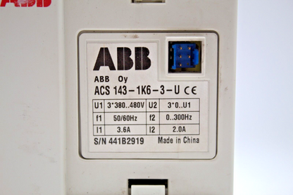 ABB ACS143-1K6-3-U AC Drive (Broken Tabs) (No Control Panel)