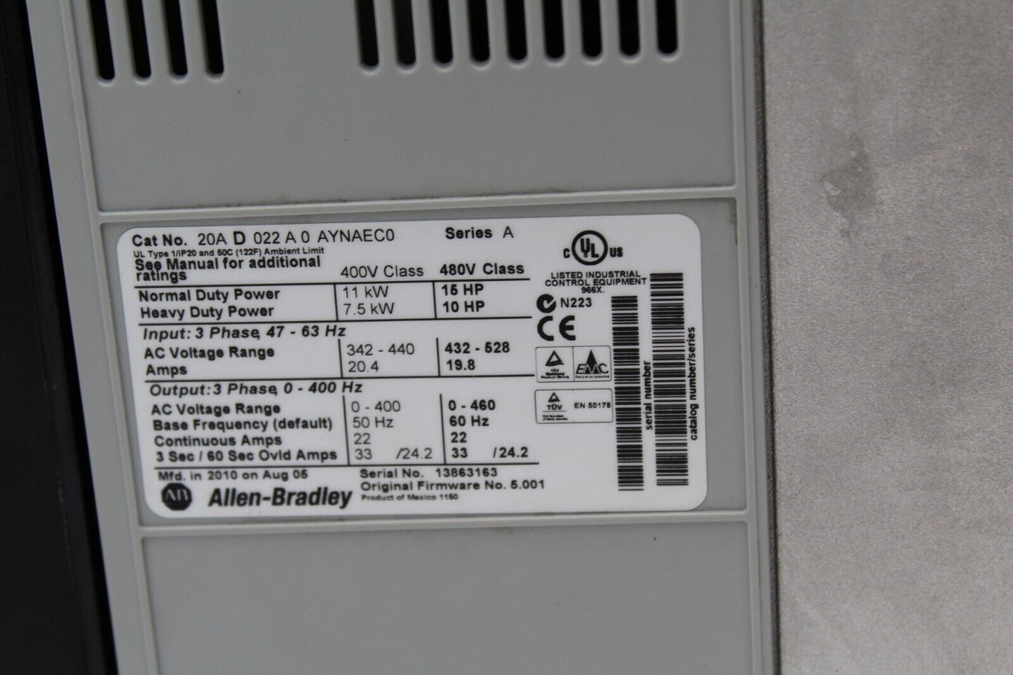 Allen-Bradley 20AD022A0AYNAEC0 Powerfex 70 Drive (No Control Panel)