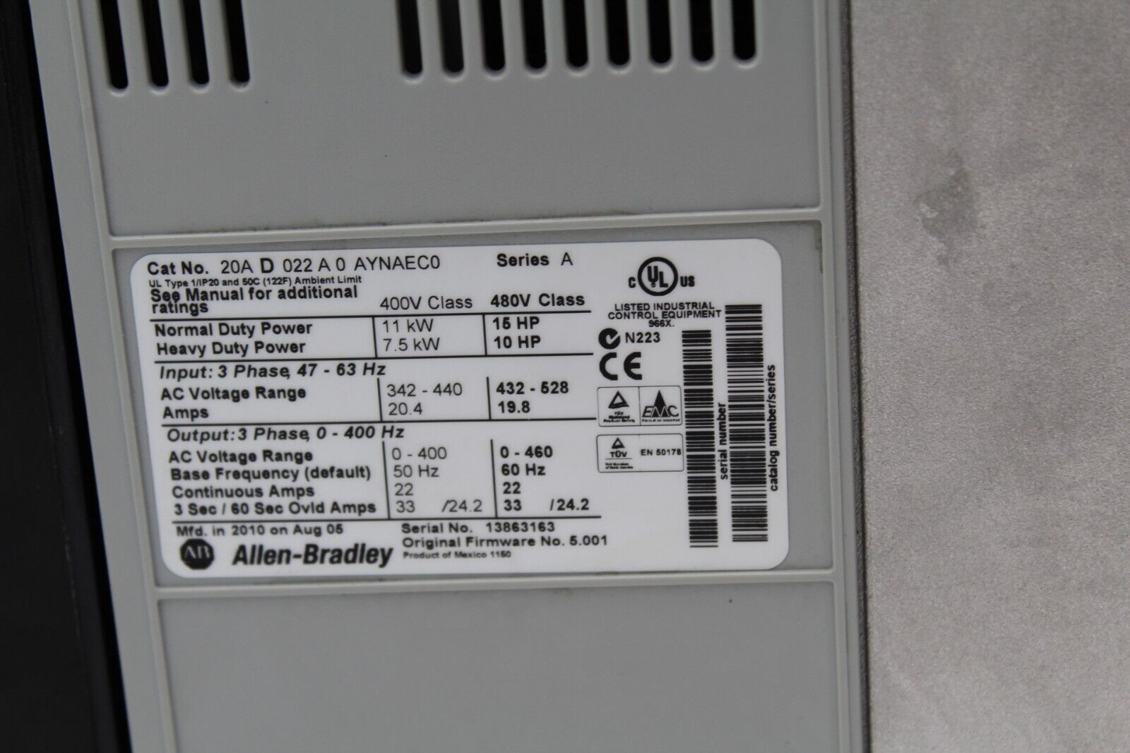 Allen-Bradley 20AD022A0AYNAEC0 Powerfex 70 Drive (No Control Panel)