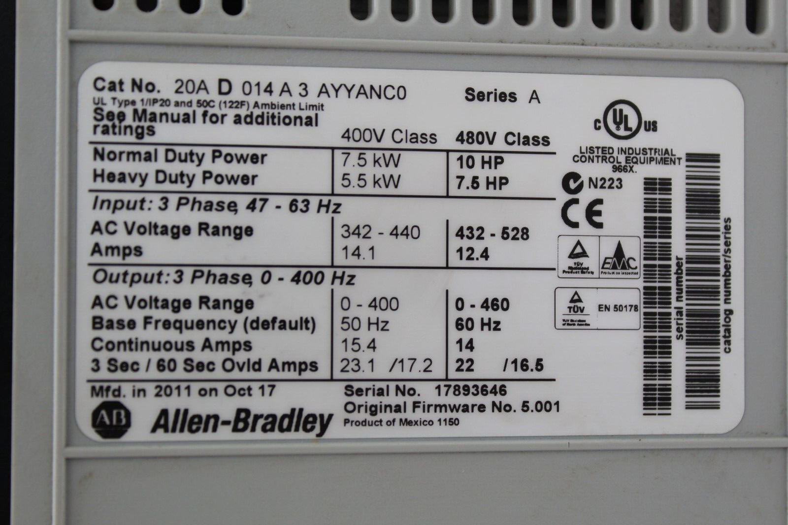 Allen Bradley 20AD014A3AYYANC0 Powerflex 70