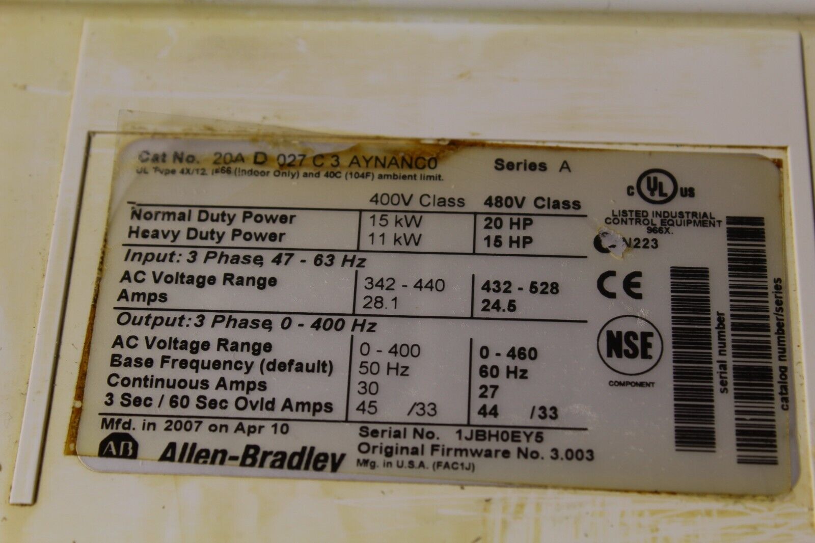 Allen-Bradley 20AD027C3AYNANC0 Powerflex 70 Drive (S) (Broken Front Cover)