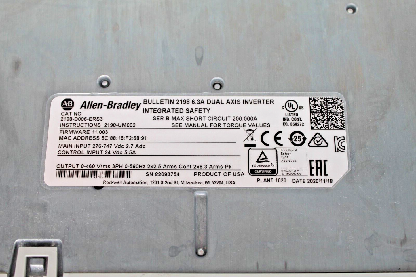 Allen-Bradley 2198-D006-ERS3 Kinetix 5700 Dual Axis Integrated Safety Inverter