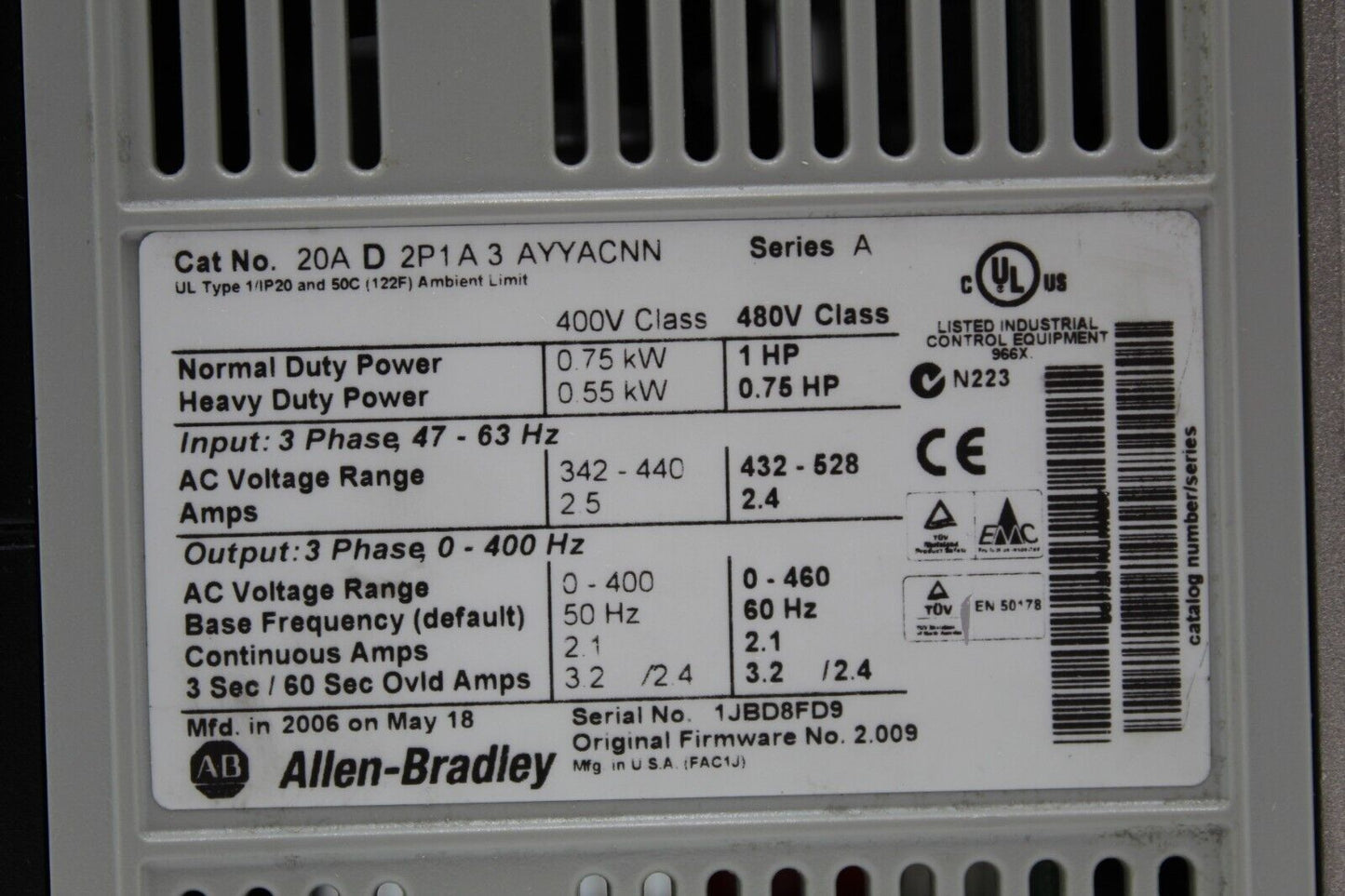 Allen-Bradley 20AD2P1A3AYYACNN  PowerFlex 70 Adjustable Frequency Drive