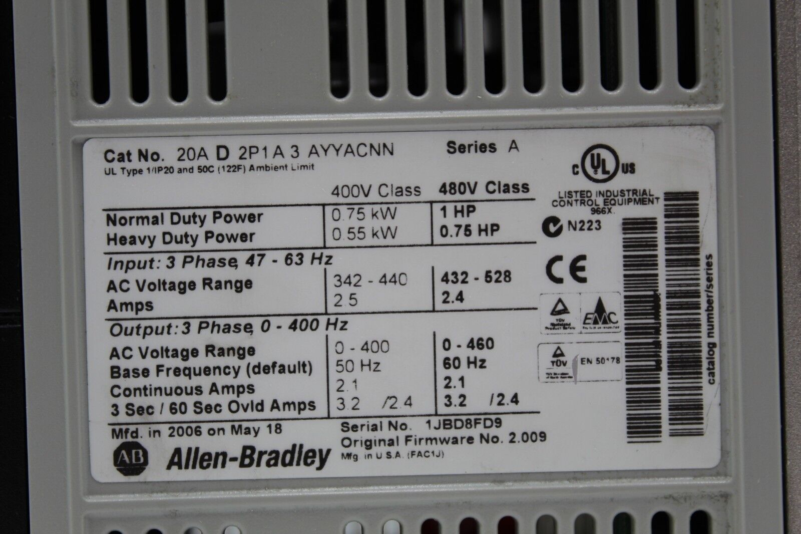 Allen-Bradley 20AD2P1A3AYYACNN  PowerFlex 70 Adjustable Frequency Drive