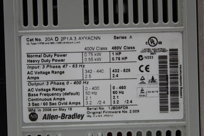 Allen-Bradley 20AD2P1A3AYYACNN  PowerFlex 70 Adjustable Frequency Drive