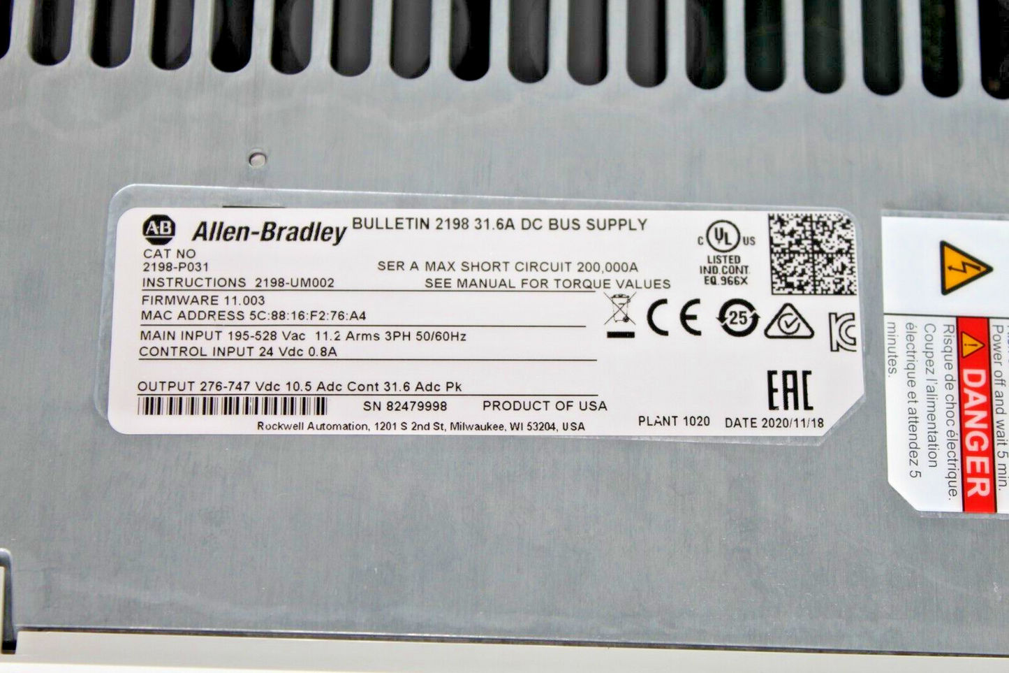 Allen-Bradley 2198-P031 Kinetic 5700 DC Bus Power Supply