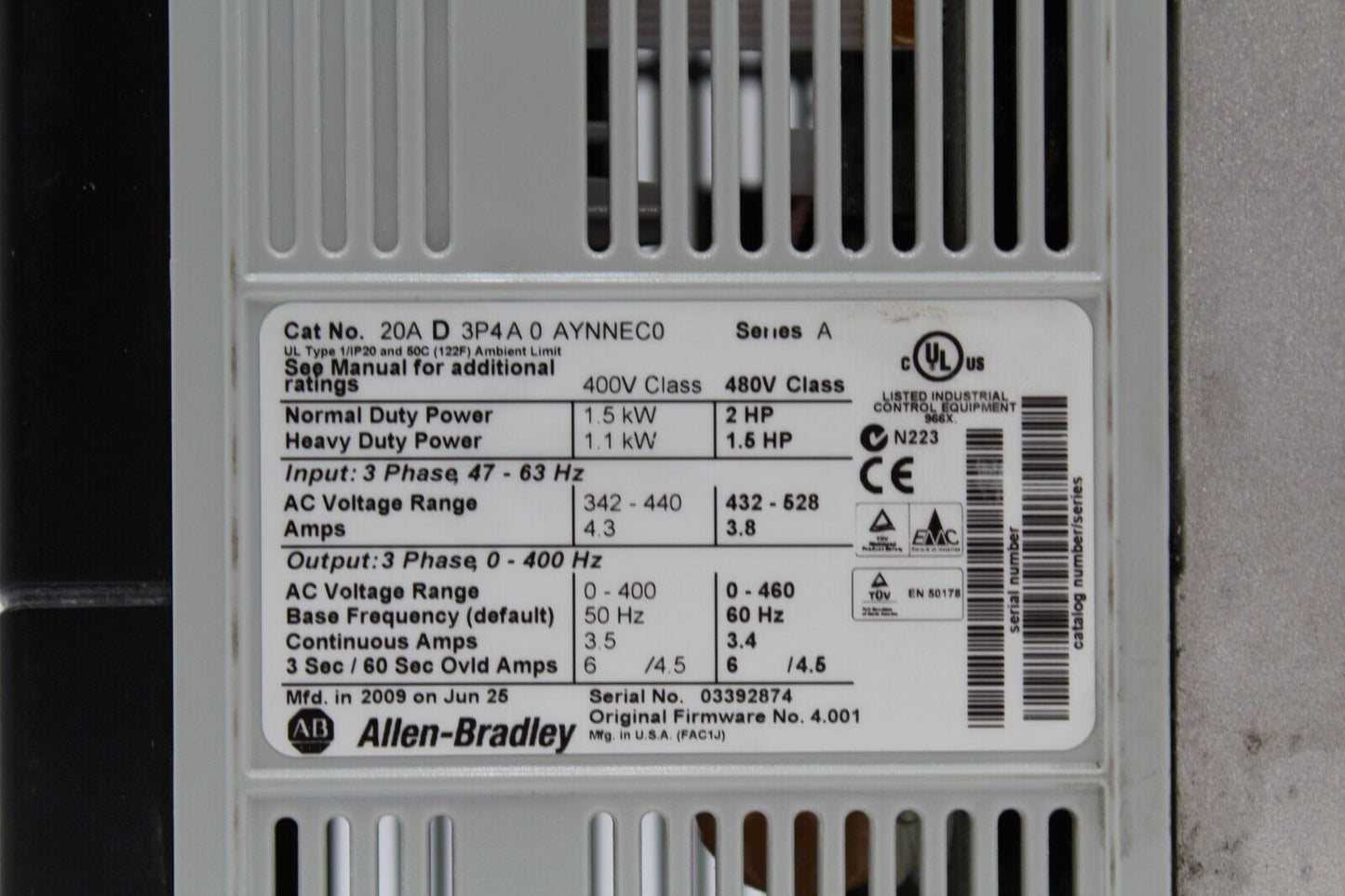 Allen-Bradley 20AD3P4A0AYNNEC0 PowerFlex 70 AC Drive