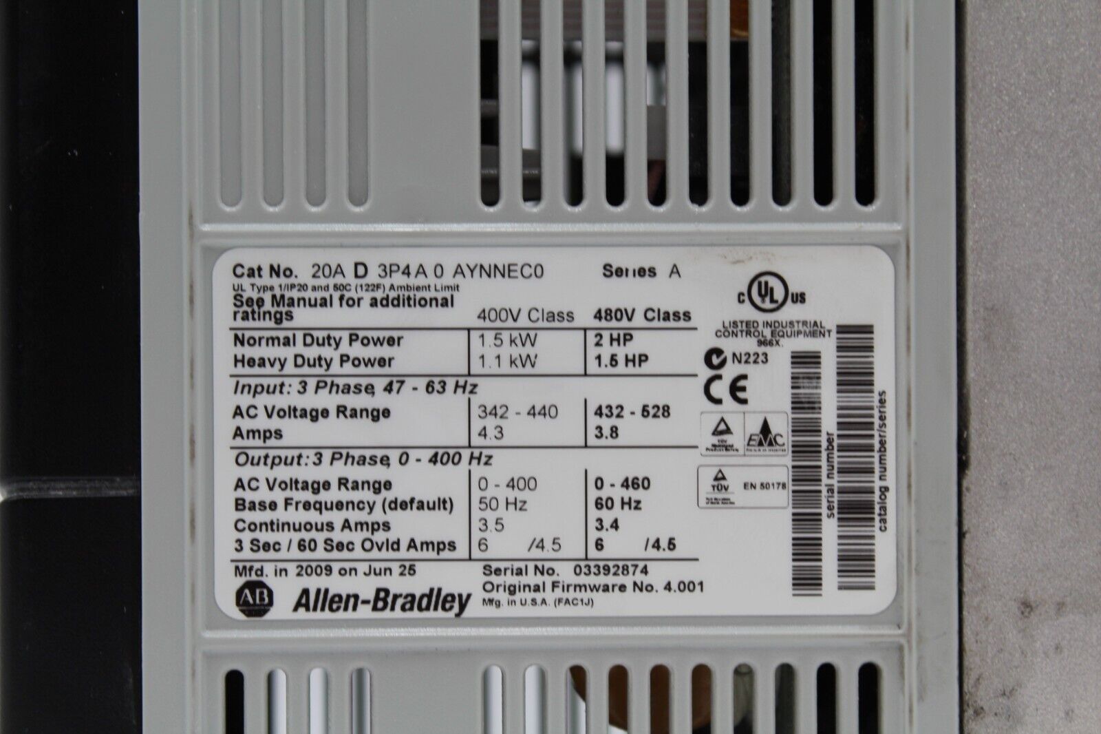 Allen-Bradley 20AD3P4A0AYNNEC0 PowerFlex 70 AC Drive