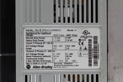 Allen-Bradley 20AD3P4A0AYNNEC0 PowerFlex 70 AC Drive