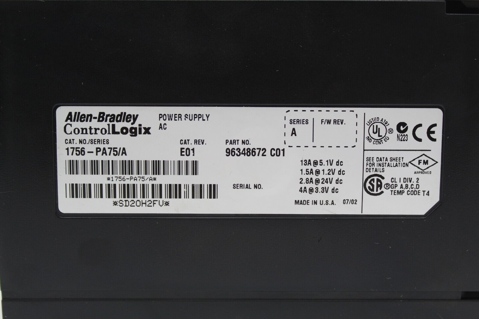 Allen-Bradley 1756-PA75/A ControlLogix Power Supply