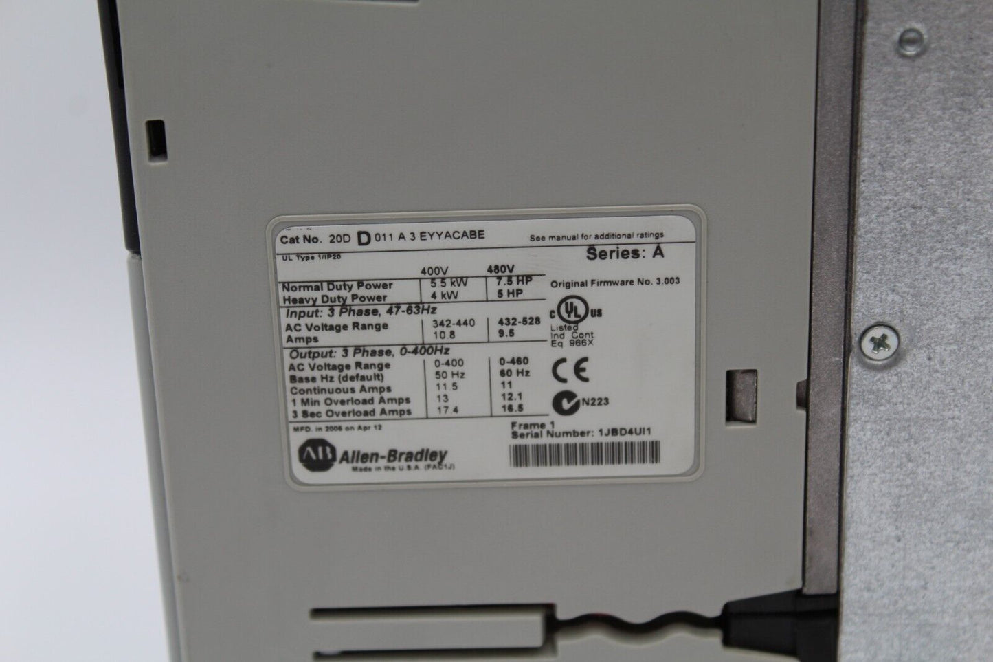 Allen-Bradley 20DD011A3EYYACABE PowerFlex 700s 3-Phase AC Drive (No Cover/Crack)