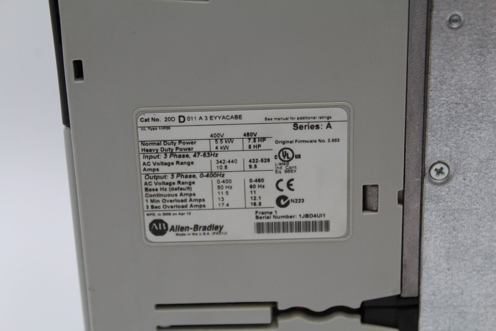 Allen-Bradley 20DD011A3EYYACABE PowerFlex 700s 3-Phase AC Drive (No Cover/Crack)