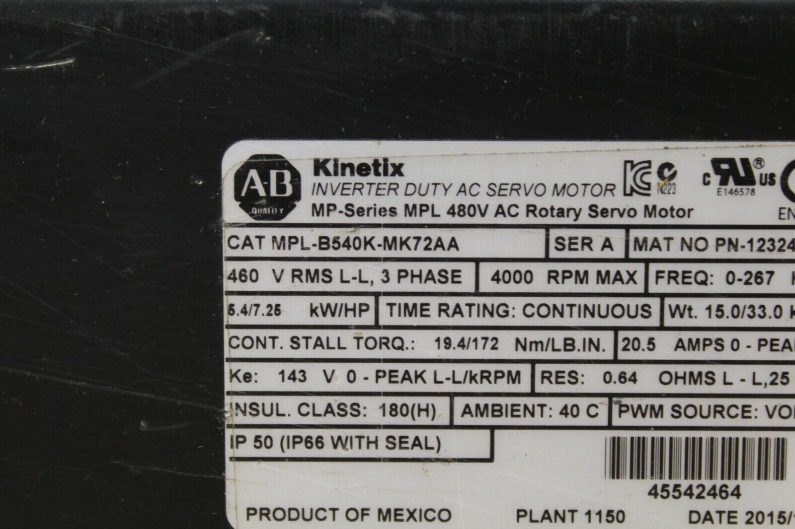 Allen Bradley MPL-B540K-MK72AA Motor