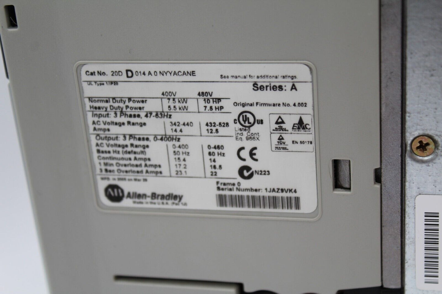 Allen-Bradley 20DD014A0NYYACANE Powerflex 700s AC Drive No Controller/Small....)