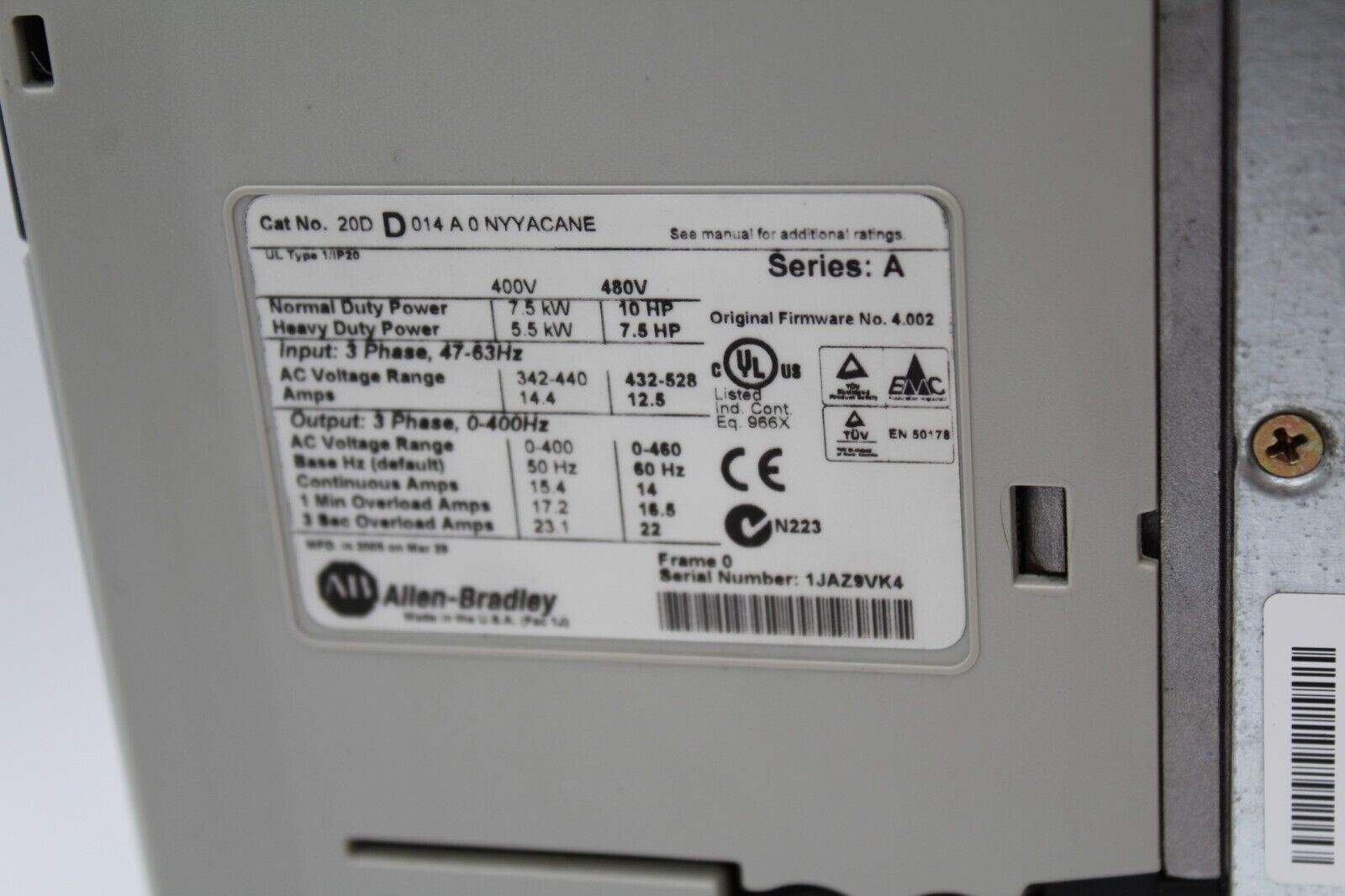 Allen-Bradley 20DD014A0NYYACANE Powerflex 700s AC Drive No Controller/Small....)