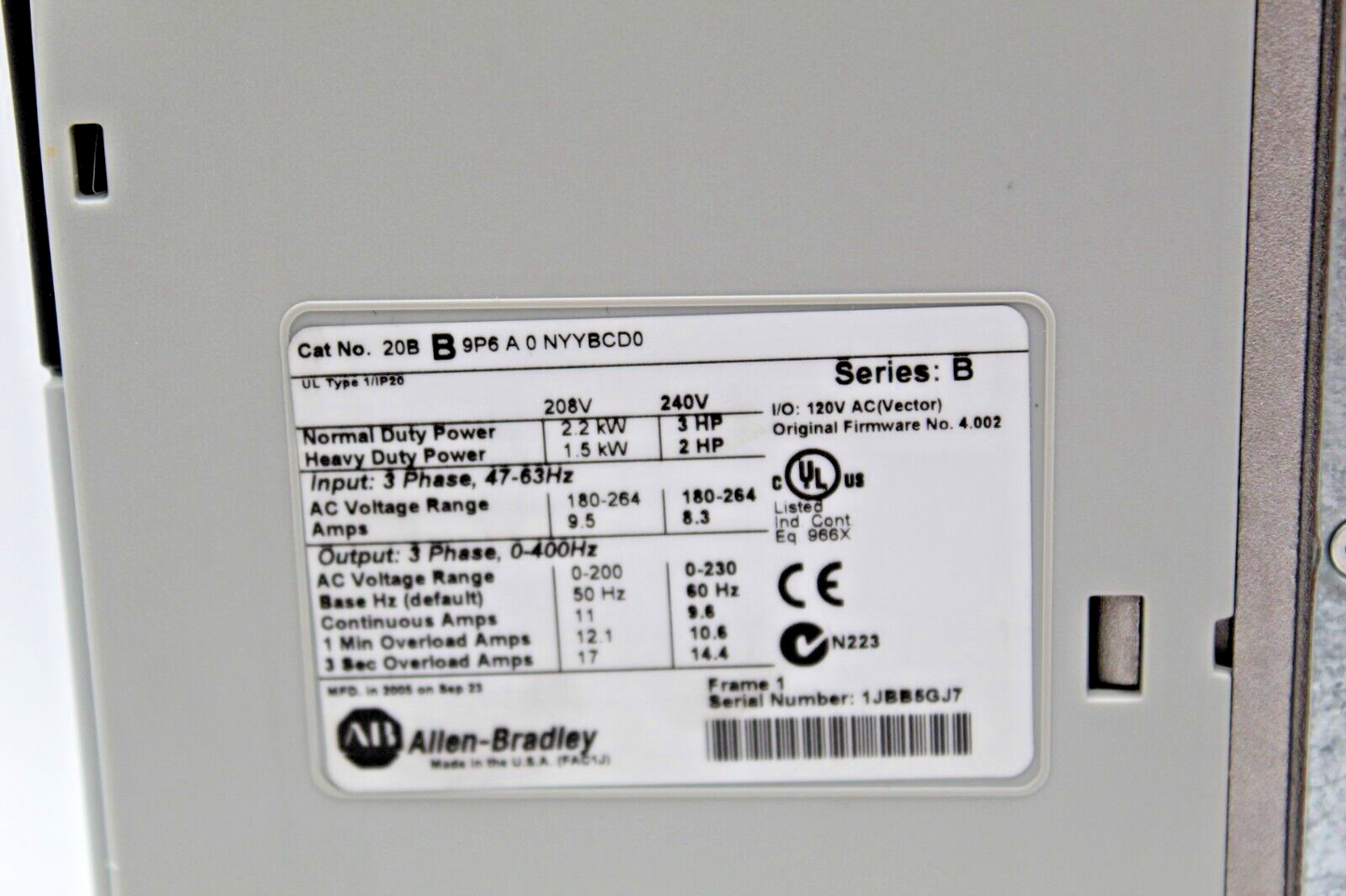 Allen-Bradley 20BB9P6A0NYYBCD0  PowerFlex 700 AC Drive