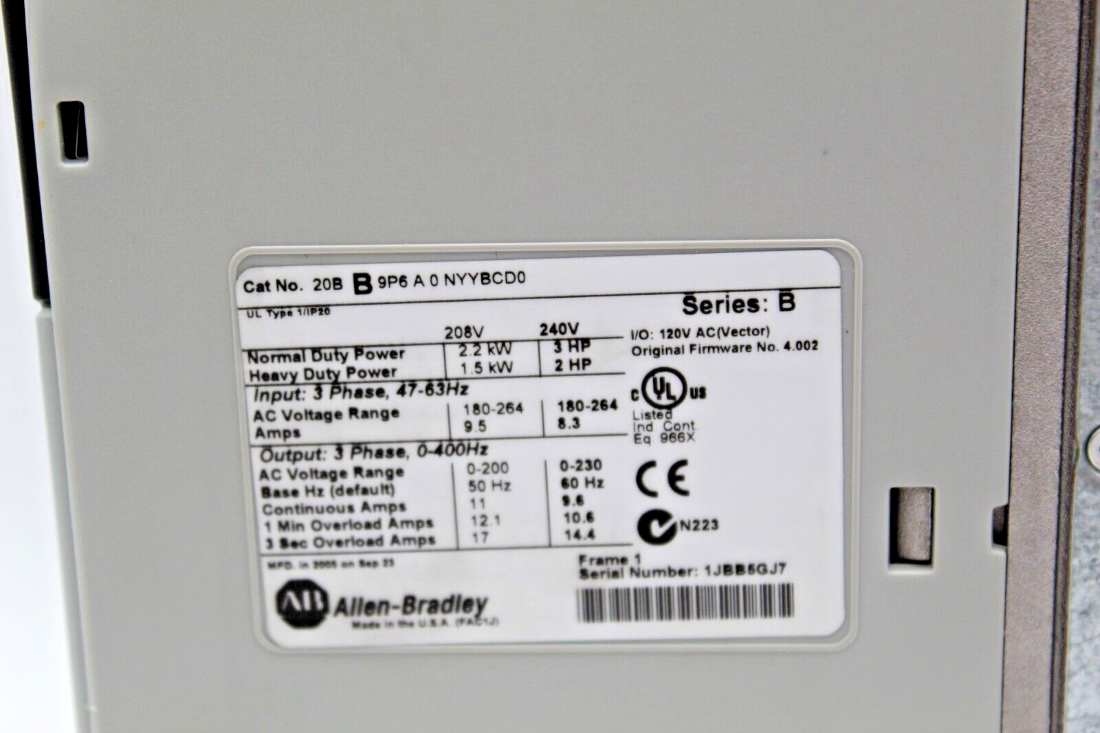 Allen-Bradley 20BB9P6A0NYYBCD0  PowerFlex 700 AC Drive