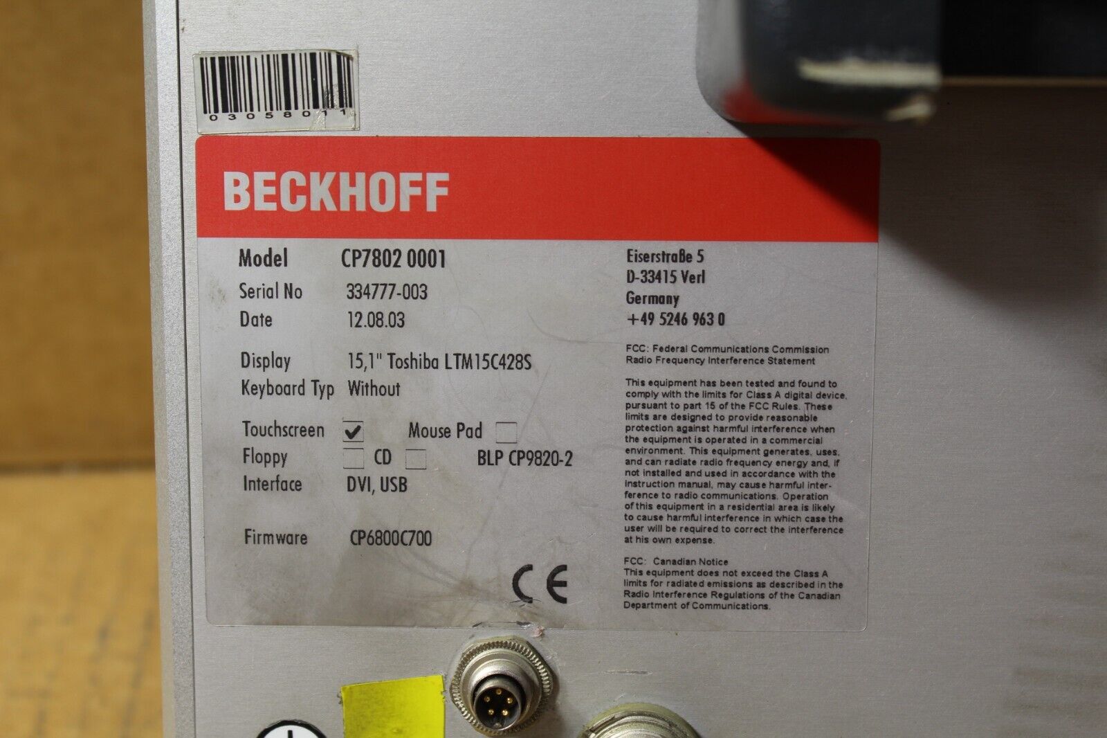 Beckhoff CP7802 0001 Industrial Touch Screen Control Panel