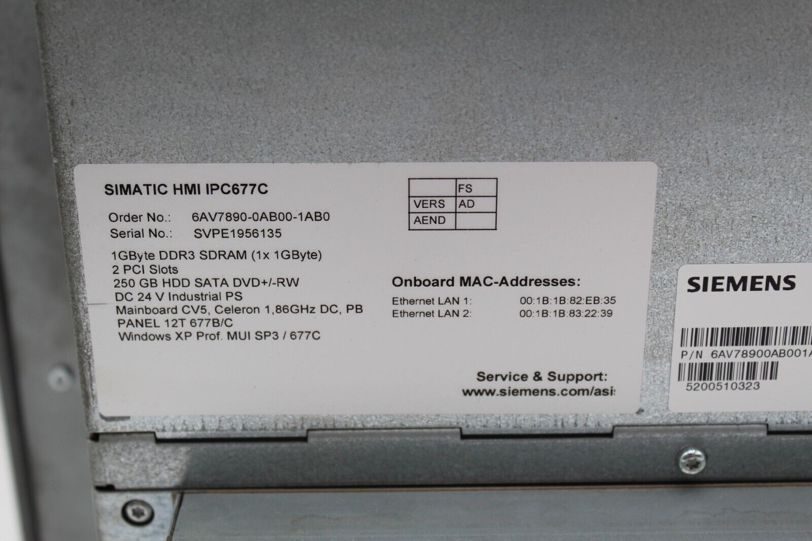 Siemens 6AV7890-0AB00-1AB0 Simatic Touch Screen Computer HMI