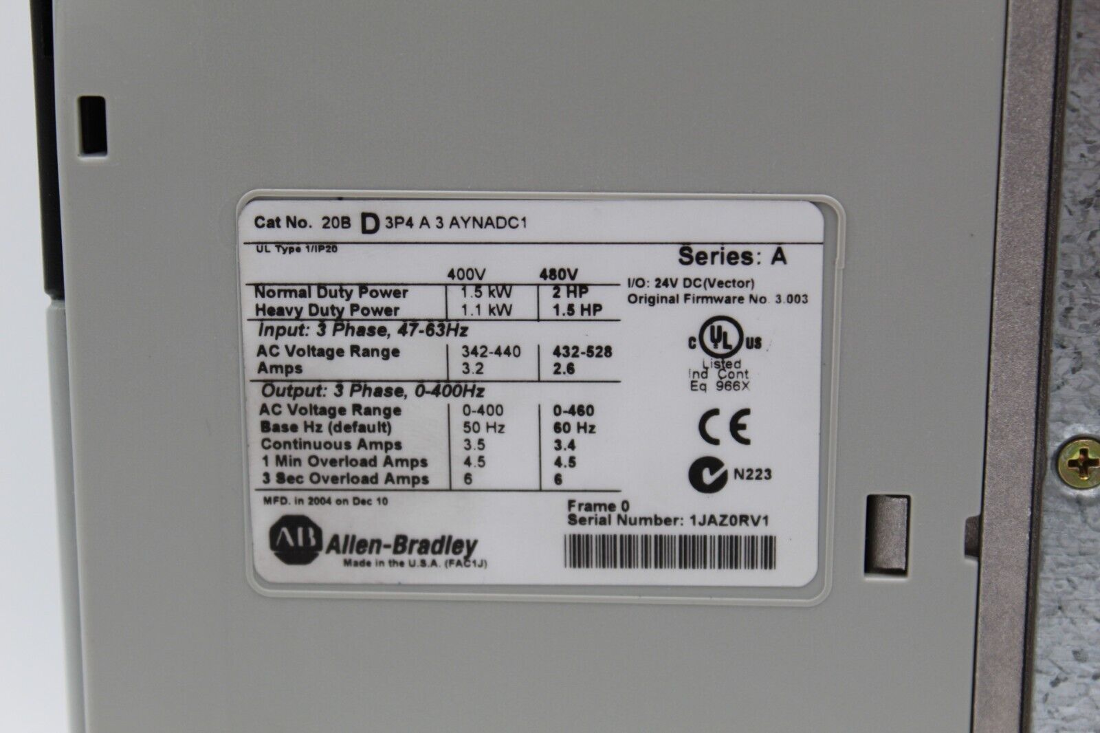 Allen-Bradley 20BD3P4A3AYNADC1 PowerFlex 700 AC Drive
