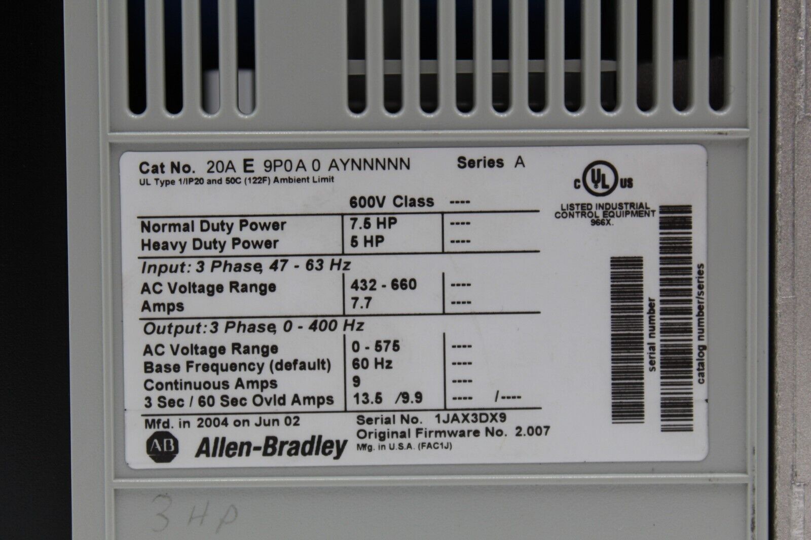 Allen-Bradley 20AE9P0A0AYNNNNN  PowerFlex 70 Adjustable Frequency Drive