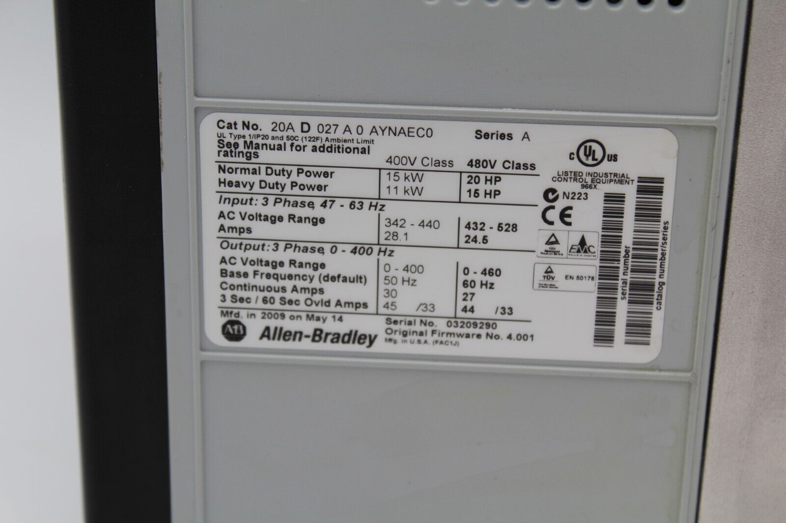 Allen-Bradley 20AD027A0AYNAEC0 Powerfex 70 Drive