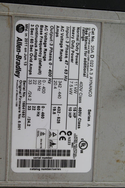 Allen-Bradley 20AD022A3AYNANC0 Powerflex 70 AC Drive (S)
