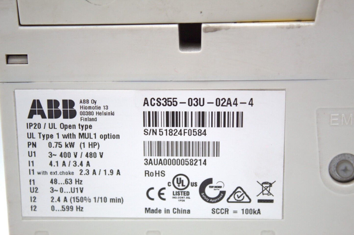 ABB ACS355-03U-02A4-4 Variable Frequency Drive (No Cover)
