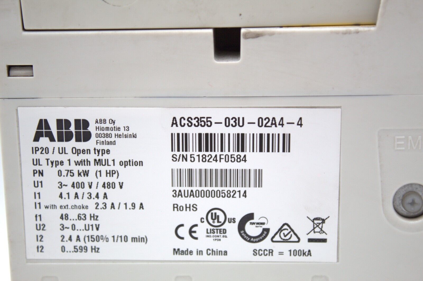 ABB ACS355-03U-02A4-4 Variable Frequency Drive (No Cover)