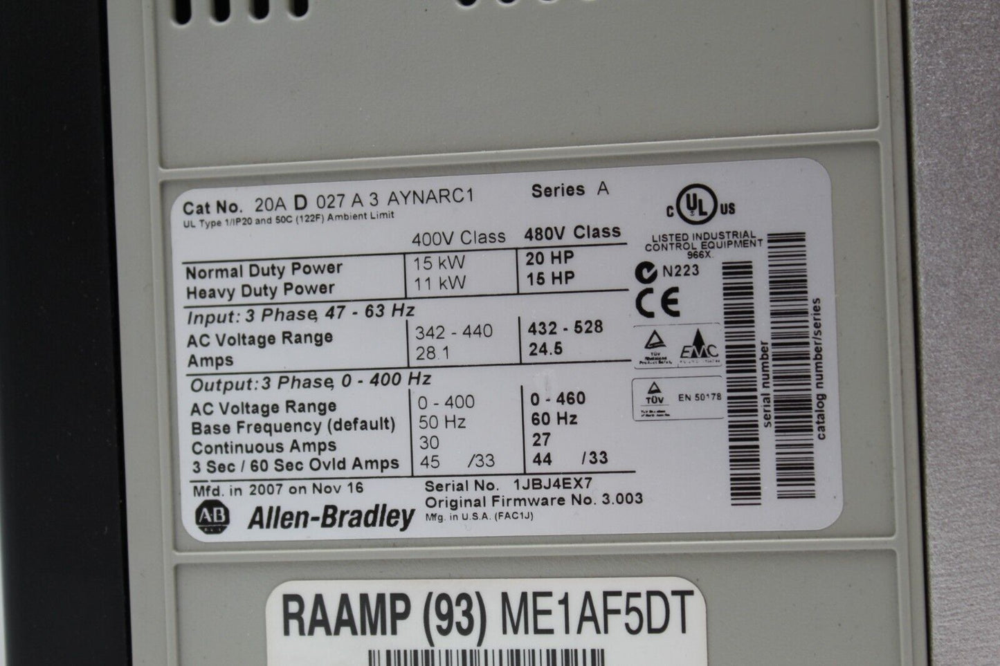 Allen-Bradley 20AD027A3AYNARC1 PowerFlex 70 AC Drive