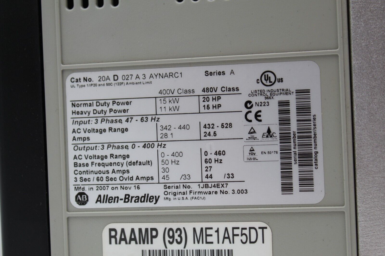 Allen-Bradley 20AD027A3AYNARC1 PowerFlex 70 AC Drive