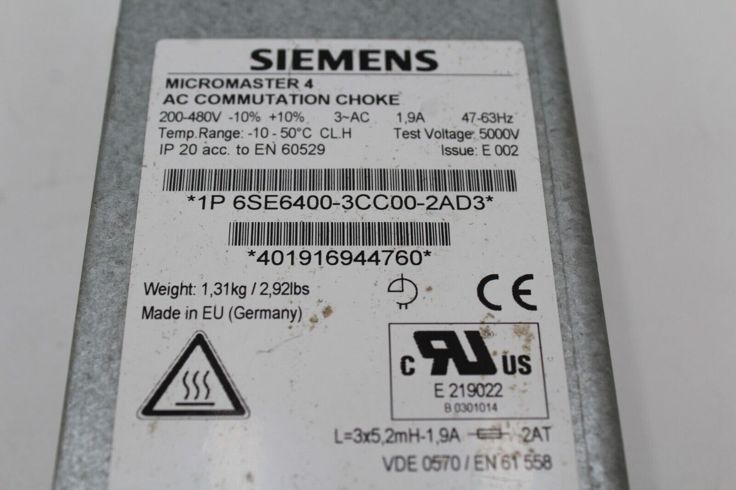 SIEMENS 6SE6400-3CC00-2AD3 MICROMASTER 4 AC COMMUNICATION CHOKE