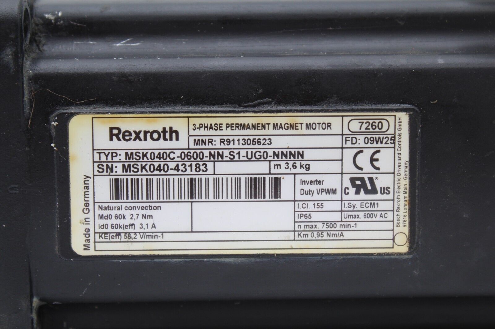 Rexroth MSK040C-0600-NN-S1-UG0-NNNN 3-Phase Permanent Magnet Motor
