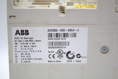 ABB ACS355-03U-02A4-4 Variable Frequency Drive (No Control Unit)