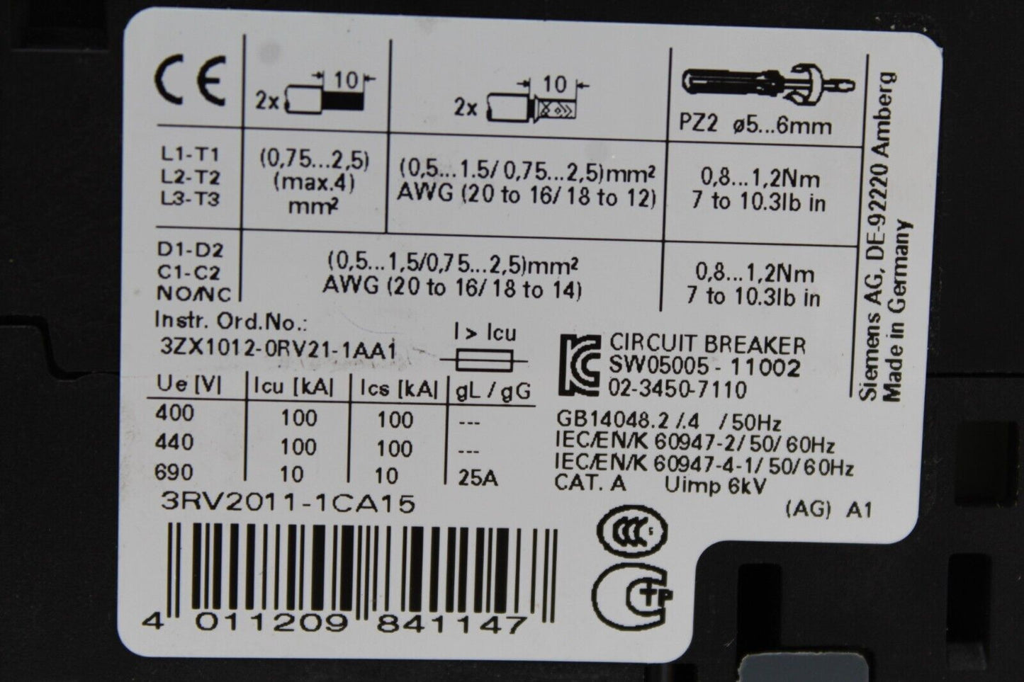 Siemens 3RV2011-1CA15 Circuit Breaker
