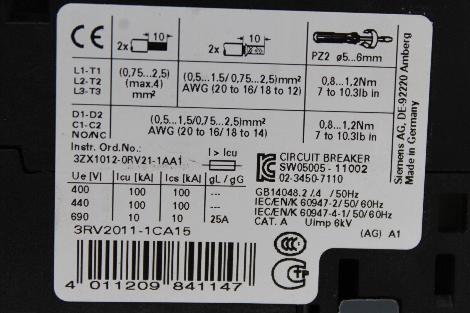 Siemens 3RV2011-1CA15 Circuit Breaker