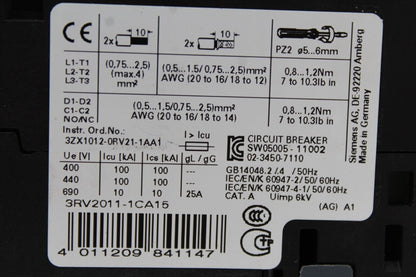 Siemens 3RV2011-1CA15 Circuit Breaker