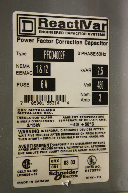 SQUARE D PFCD4002F REACTIVAR POWER FACTOR CORRECTION CAPACITOR