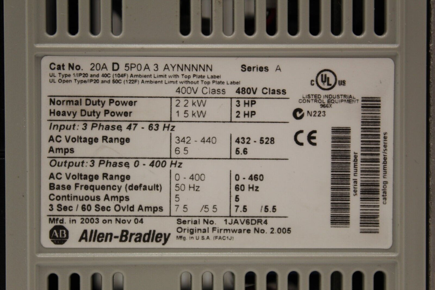 Allen-Bradley 20AD5P0A3AYNNNNN PowerFlex 70 Variable Frequency Drive