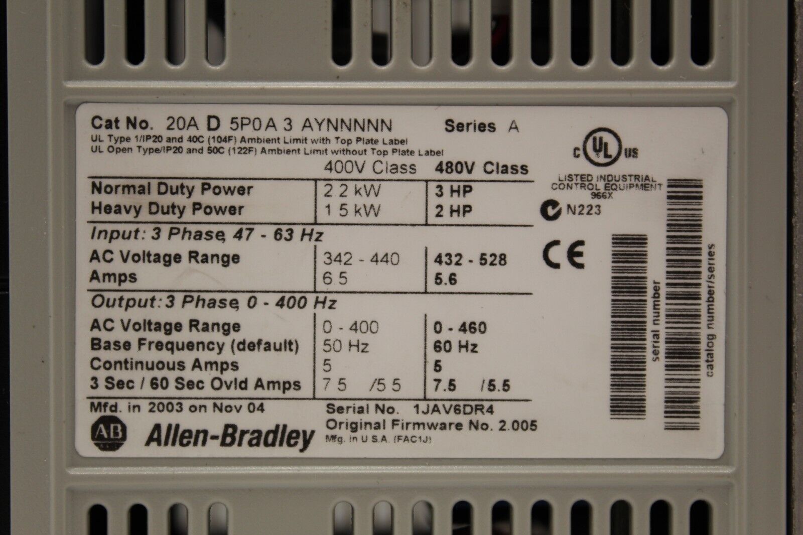 Allen-Bradley 20AD5P0A3AYNNNNN PowerFlex 70 Variable Frequency Drive