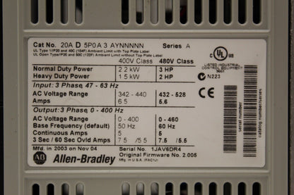 Allen-Bradley 20AD5P0A3AYNNNNN PowerFlex 70 Variable Frequency Drive