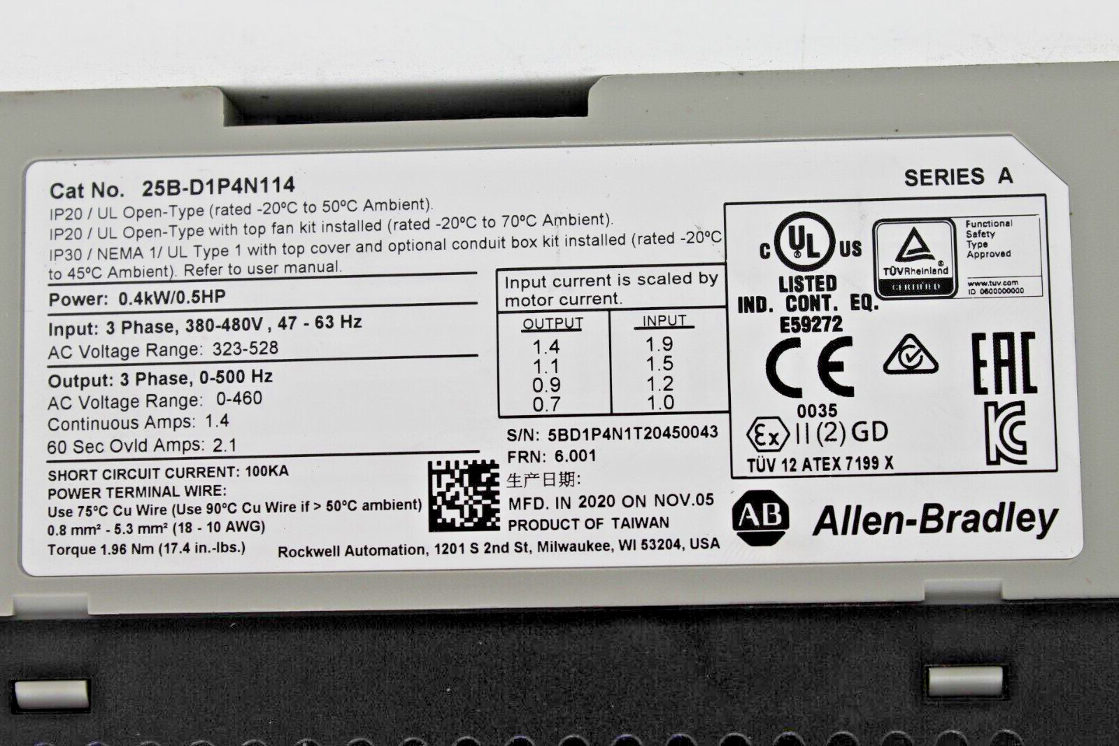 Allen-Bradley 25B-D1P4N114 Powerflex 525 Adjustable Frequency Drive