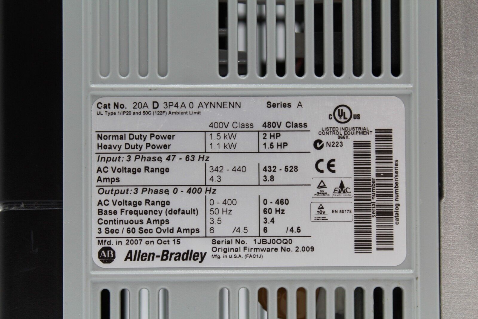 Allen-Bradley 20AD3P4A0AYNNENN PowerFlex 70 AC Drive