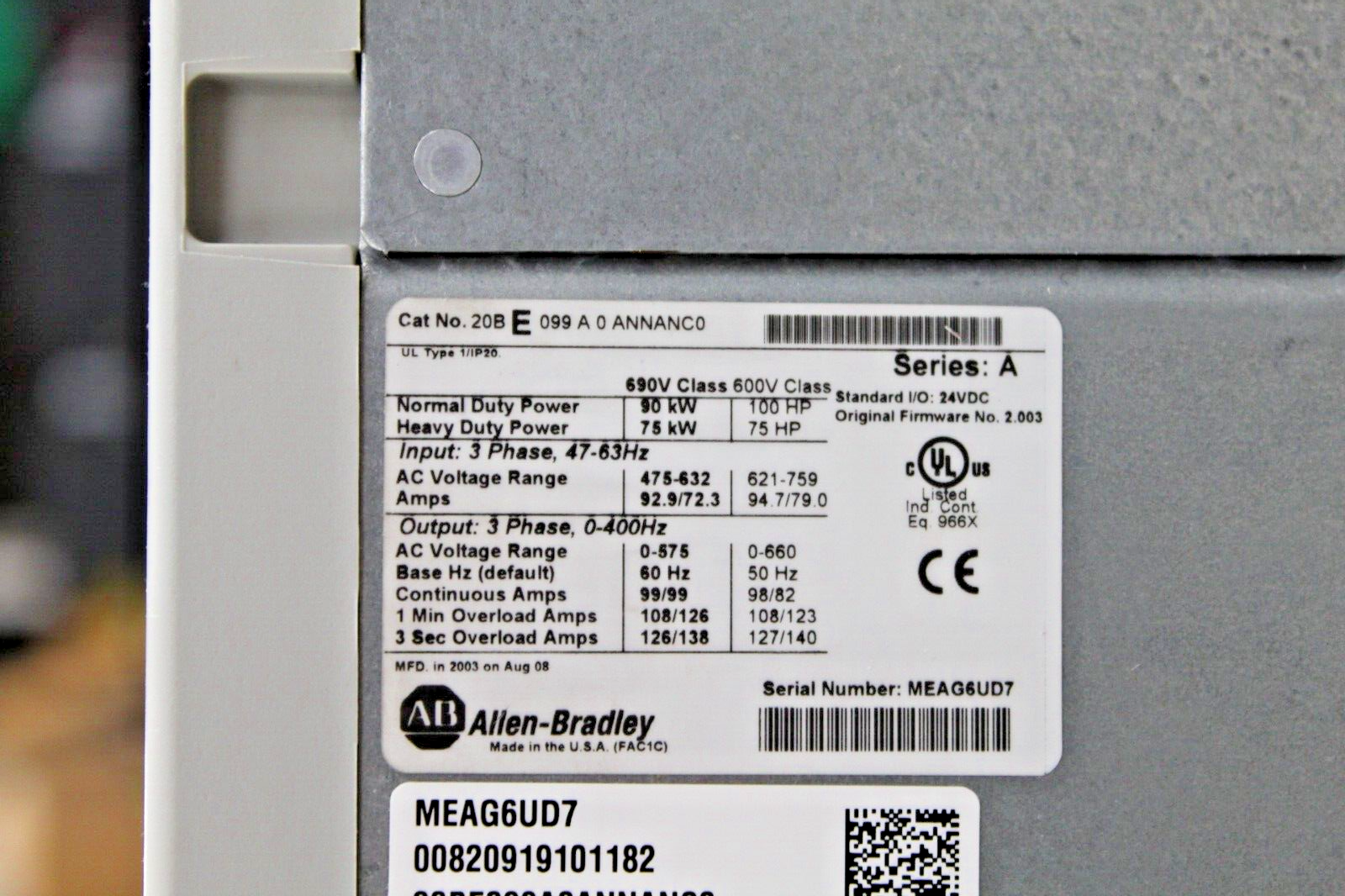 Allen-Bradley 20BE099A0ANNANC0 100 HP Powerflex 700 Drive
