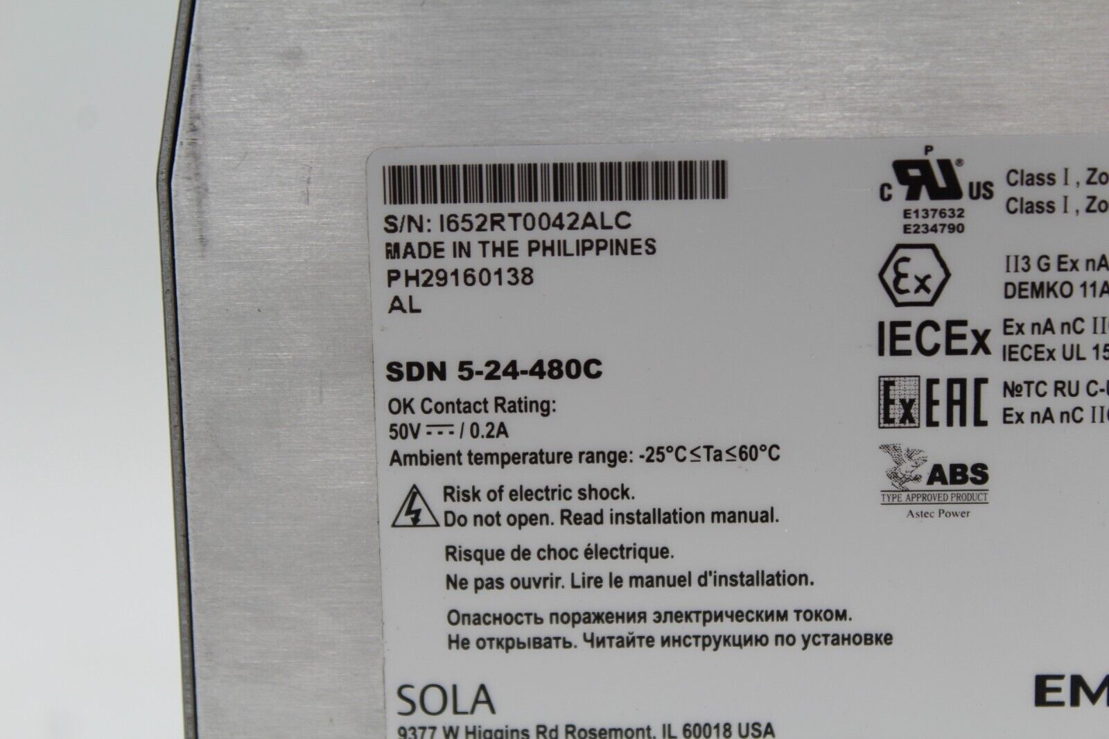 Emerson SOLA SDN 5-24-480C Power Supply