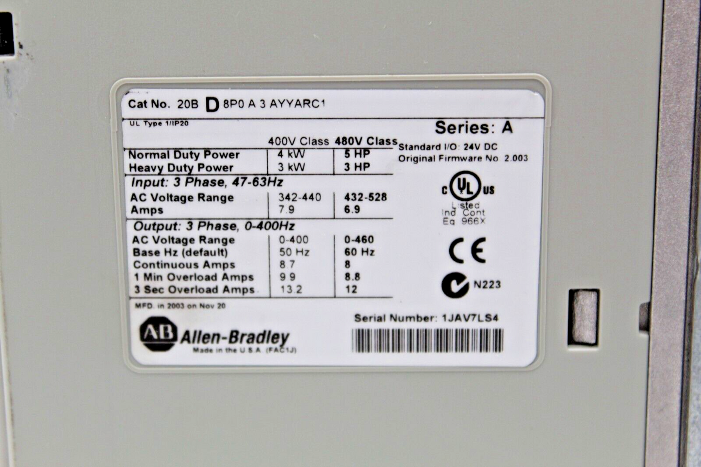 Allen-Bradley 20BD8P0A3AYYARC1 PowerFlex 700 3-Phase 5hp AC Drive