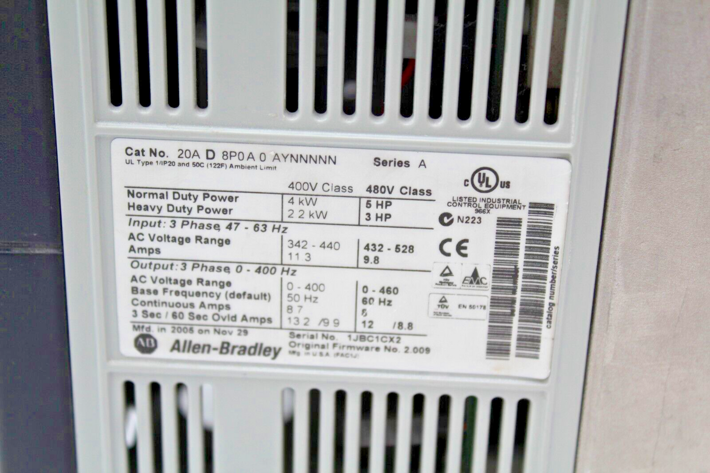 Allen-Bradley 20AD8P0A0AYNNNNN PowerFlex 70 AC Drive