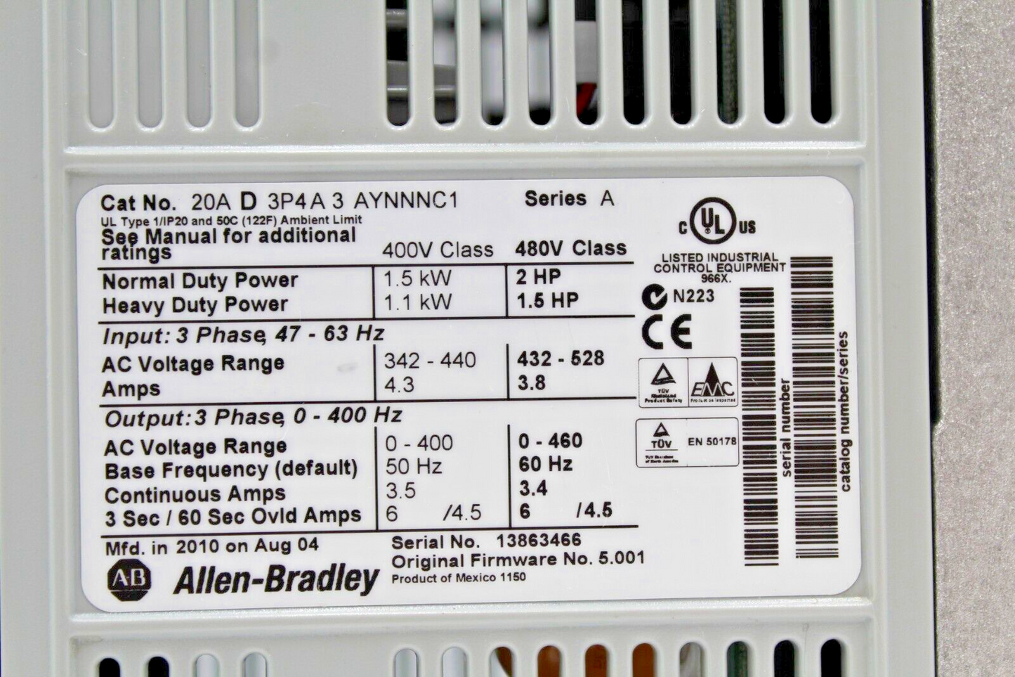 Allen-Bradley 20AD3P4A3AYNNNC1 PowerFlex 70 Adjustable Frequency Drive