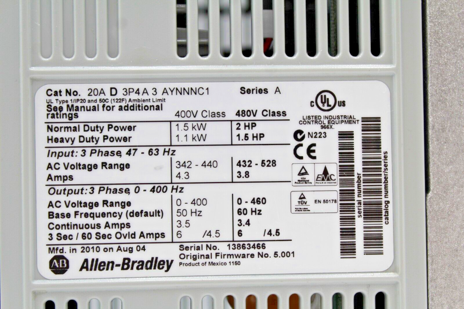 Allen-Bradley 20AD3P4A3AYNNNC1 PowerFlex 70 Adjustable Frequency Drive
